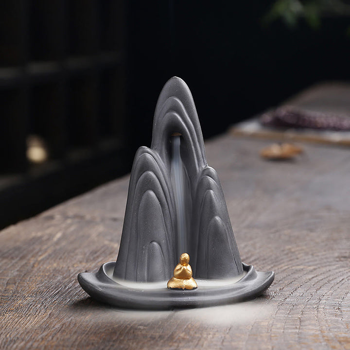 Buddha Stones Little Monk Mountains Flowing Water Purple Clay Ceramic Healing Backflow Incense Burner Decoration - 10*6.6*10.8cm(without incense) - image 1