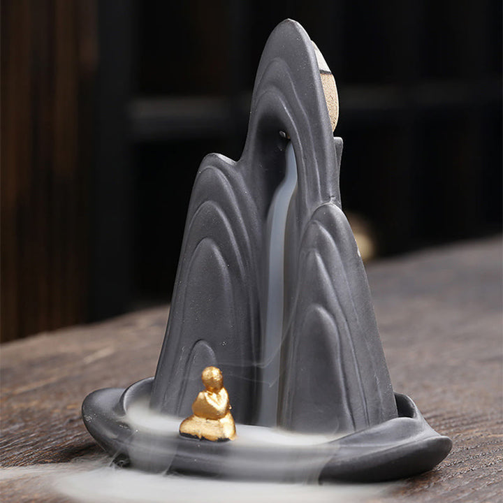 Buddha Stones Little Monk Mountains Flowing Water Purple Clay Ceramic Healing Backflow Incense Burner Decoration - image 6