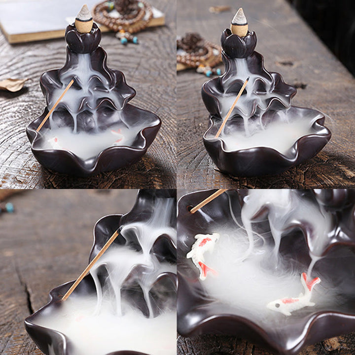 Buddha Stones Lotus Leaf Koi Fish Ceramic Backflow Smoke Fountain Peace Incense Burner Decoration - image 15