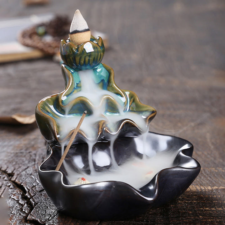 Buddha Stones Lotus Leaf Koi Fish Ceramic Backflow Smoke Fountain Peace Incense Burner Decoration - image 2