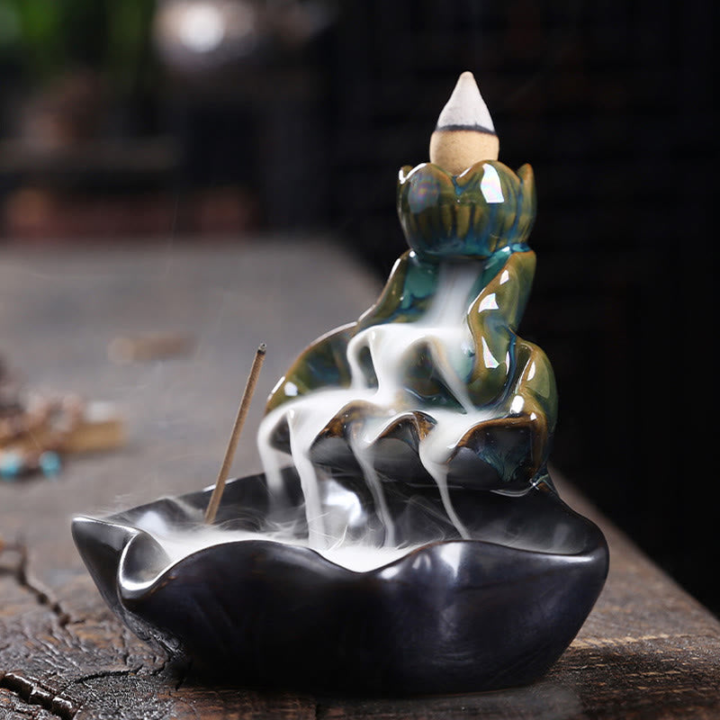 Buddha Stones Lotus Leaf Koi Fish Ceramic Backflow Smoke Fountain Peace Incense Burner Decoration - image 4