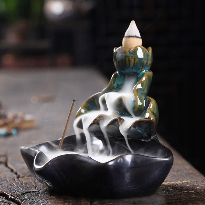 Buddha Stones Lotus Leaf Koi Fish Ceramic Backflow Smoke Fountain Peace Incense Burner Decoration - image 4