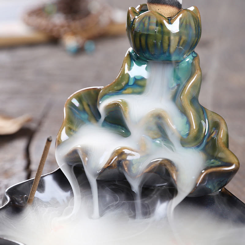 Buddha Stones Lotus Leaf Koi Fish Ceramic Backflow Smoke Fountain Peace Incense Burner Decoration - image 7