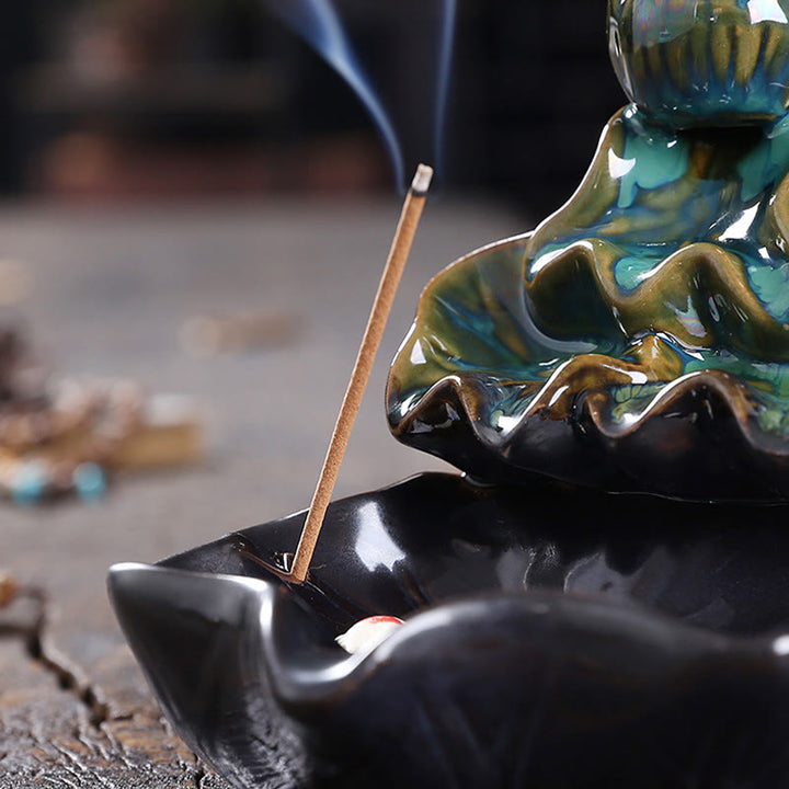 Buddha Stones Lotus Leaf Koi Fish Ceramic Backflow Smoke Fountain Peace Incense Burner Decoration - image 10