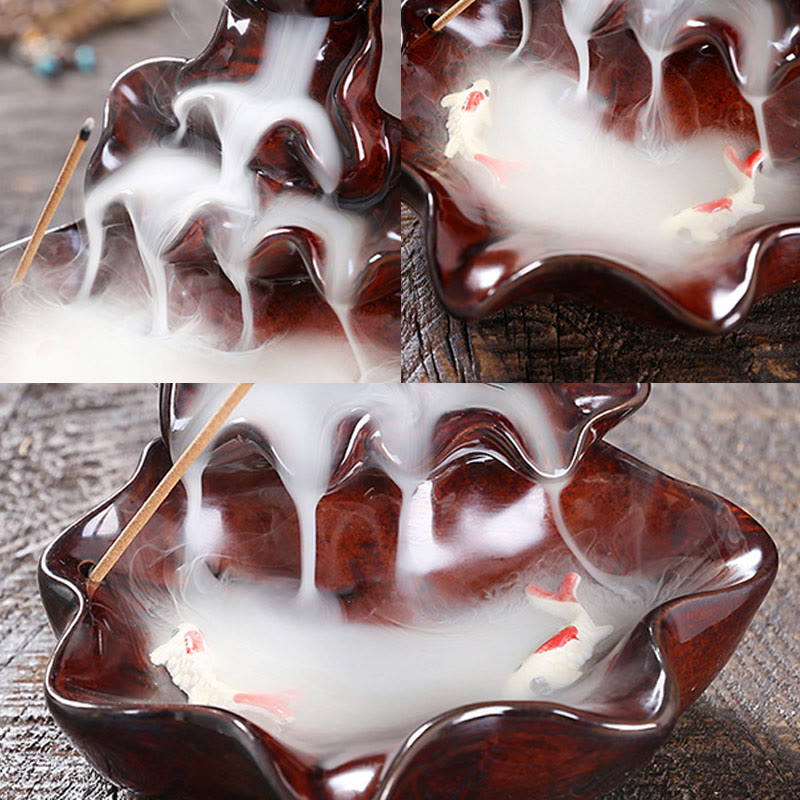 Buddha Stones Lotus Leaf Koi Fish Ceramic Backflow Smoke Fountain Peace Incense Burner Decoration - image 18