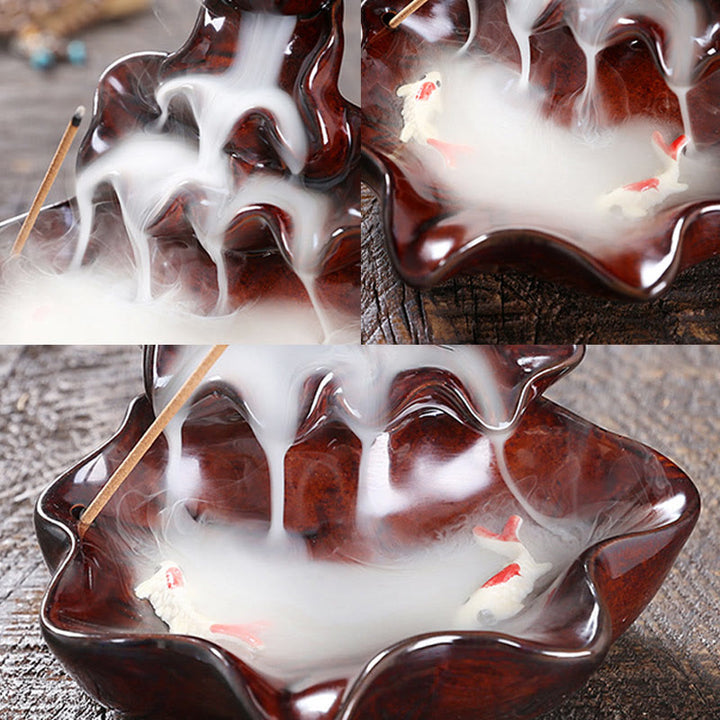 Buddha Stones Lotus Leaf Koi Fish Ceramic Backflow Smoke Fountain Peace Incense Burner Decoration - image 18