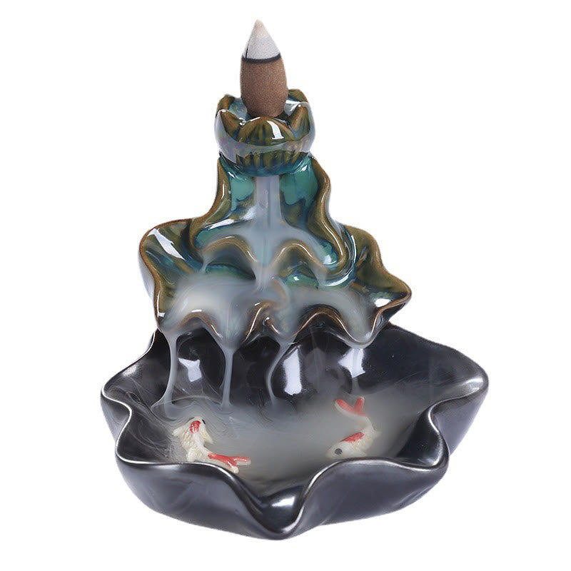 Buddha Stones Lotus Leaf Koi Fish Ceramic Backflow Smoke Fountain Peace Incense Burner Decoration - image 11