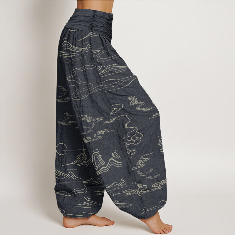 Buddha Stones Mountain Moon Auspicious Clouds Pattern Women's Elastic Waist Harem Pants - image 2