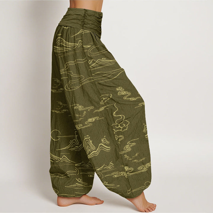 Buddha Stones Mountain Moon Auspicious Clouds Pattern Women's Elastic Waist Harem Pants - image 6