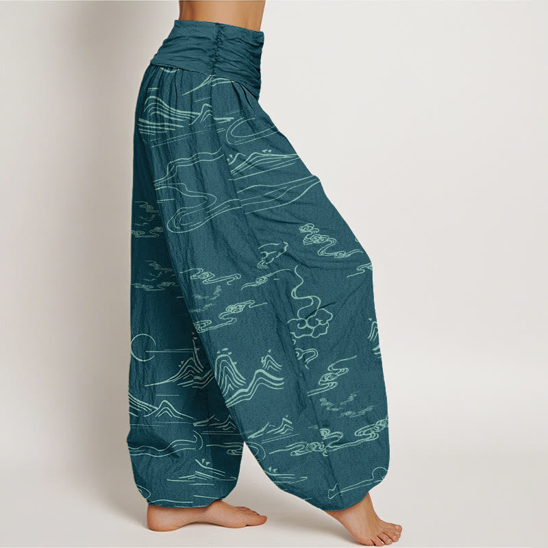 Buddha Stones Mountain Moon Auspicious Clouds Pattern Women's Elastic Waist Harem Pants - image 9