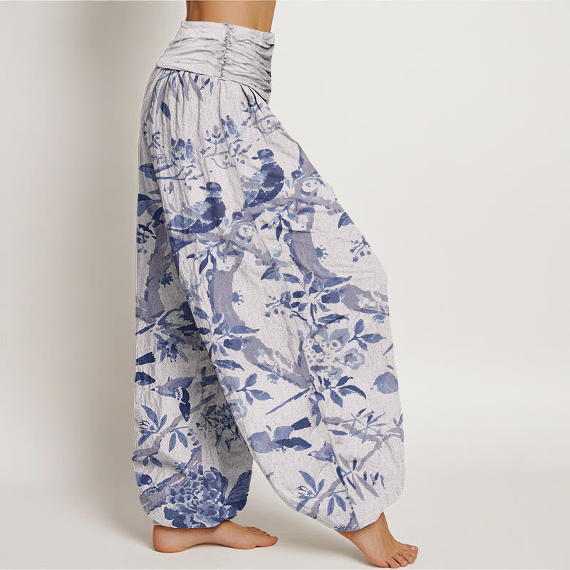 Buddha Stones Birds Branches Flowers Pattern Women's Elastic Waist Harem Pants - image 10