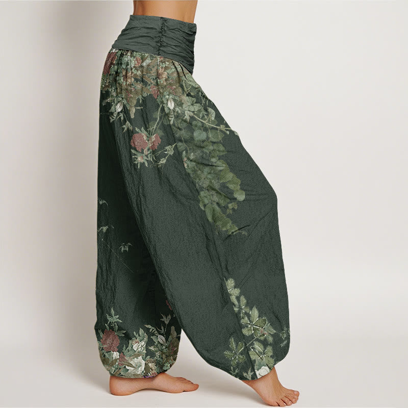 Buddha Stones Casual Red Peony Flower Vine Design Women's Elastic Waist Harem Pants - image 6