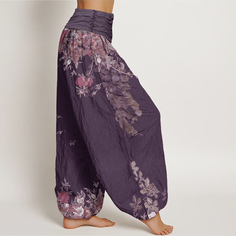 Buddha Stones Casual Red Peony Flower Vine Design Women's Elastic Waist Harem Pants - image 9