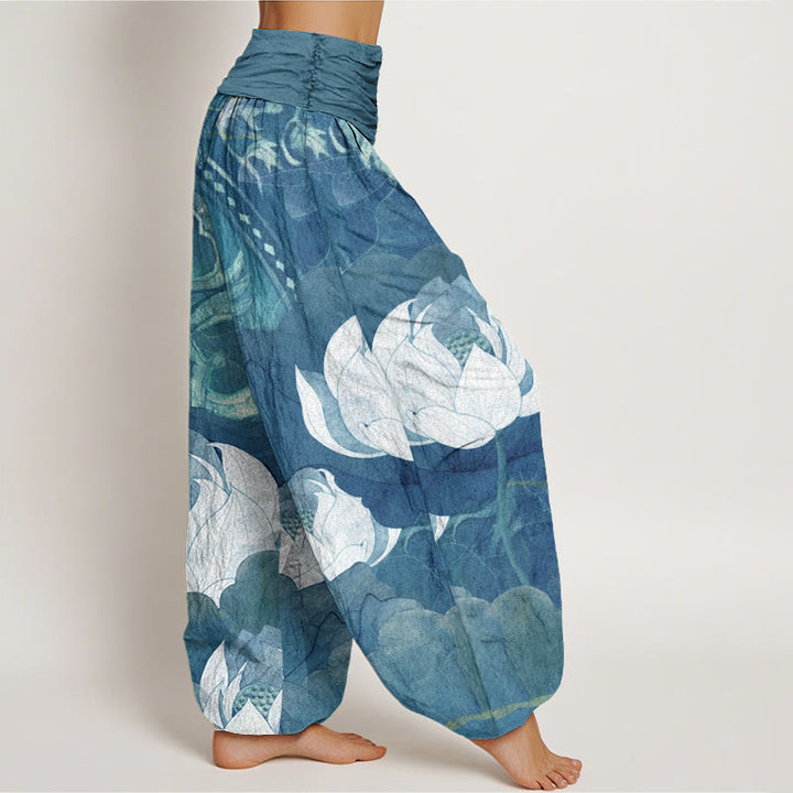 Buddha Stones White Lotus Leaves Pattern Casual Women's Elastic Waist Harem Pants - image 6