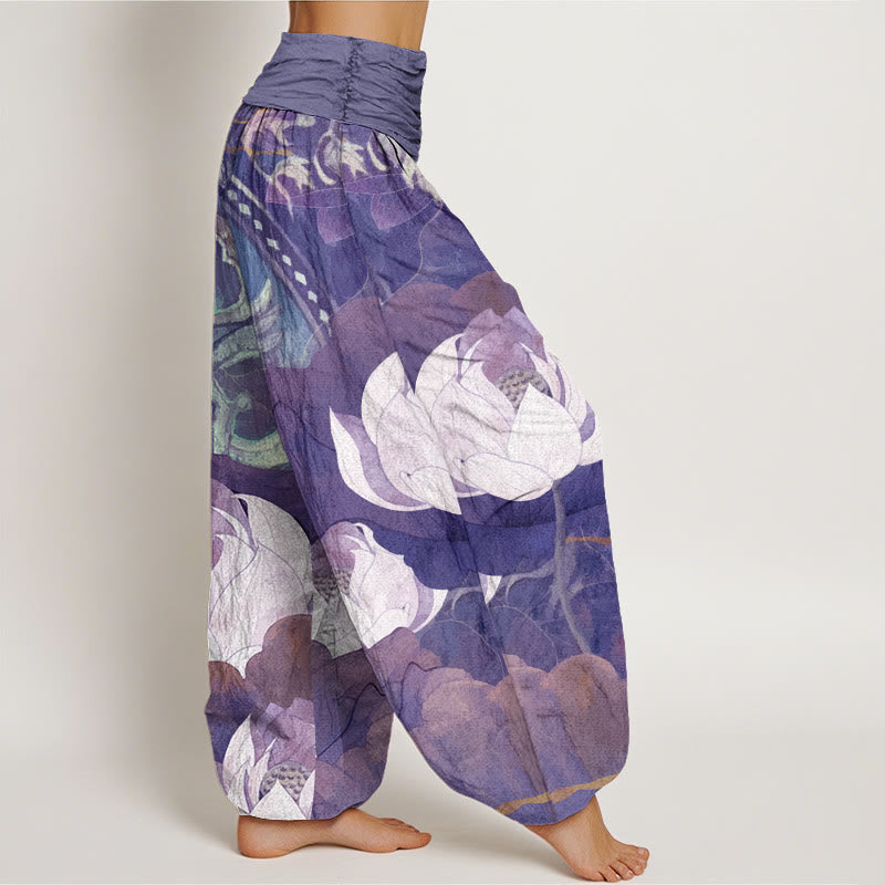 Buddha Stones White Lotus Leaves Pattern Casual Women's Elastic Waist Harem Pants - image 9