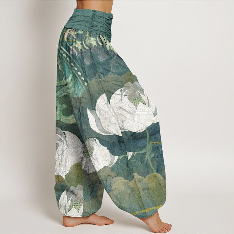 Buddha Stones White Lotus Leaves Pattern Casual Women's Elastic Waist Harem Pants - image 3