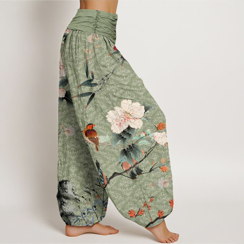 Buddha Stones Warbler Bird Blooming Flower Branches Mandala Pattern Women's Elastic Waist Harem Pants - image 2