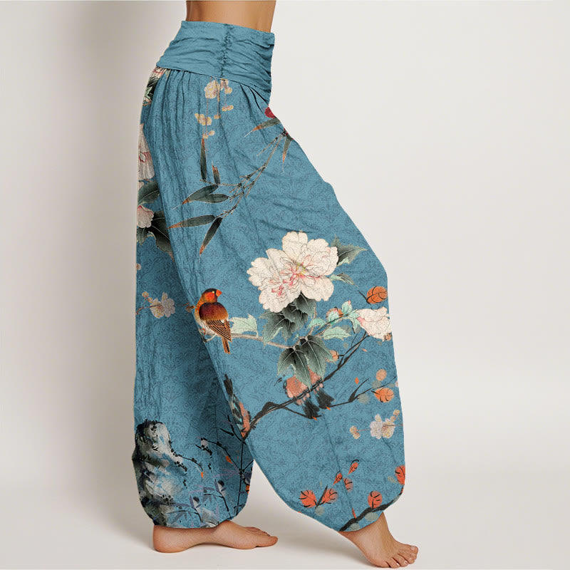 Buddha Stones Warbler Bird Blooming Flower Branches Mandala Pattern Women's Elastic Waist Harem Pants - image 6