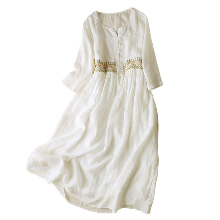 Buddha Stones Embroidery Geometry Nine-Quarter Sleeve Cotton Women's Midi Dress With Pockets