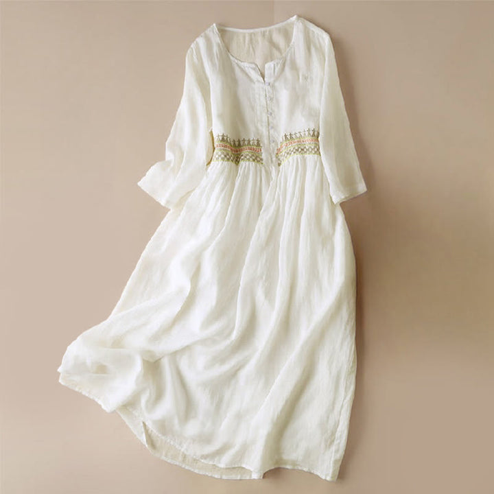 Buddha Stones Embroidery Geometry Nine-Quarter Sleeve Cotton Women's Midi Dress With Pockets