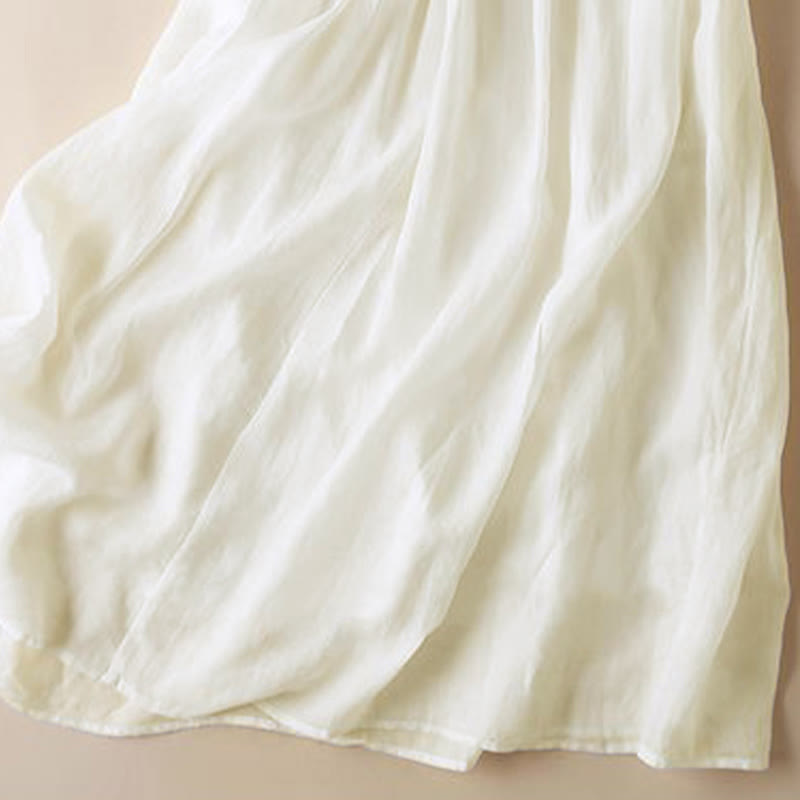 Buddha Stones Embroidery Geometry Nine-Quarter Sleeve Cotton Women's Midi Dress With Pockets