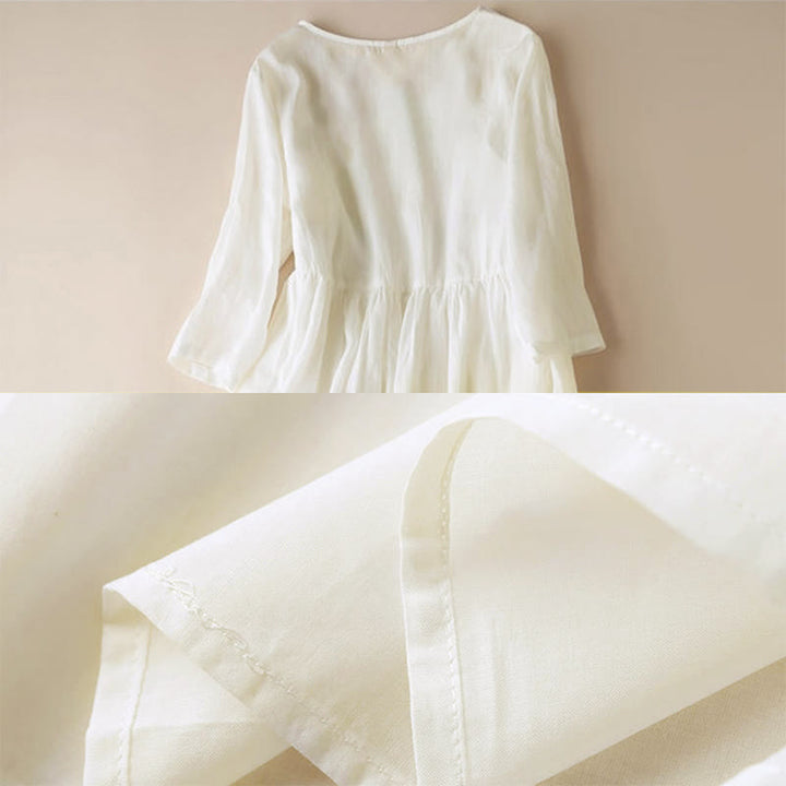 Buddha Stones Embroidery Geometry Nine-Quarter Sleeve Cotton Women's Midi Dress With Pockets