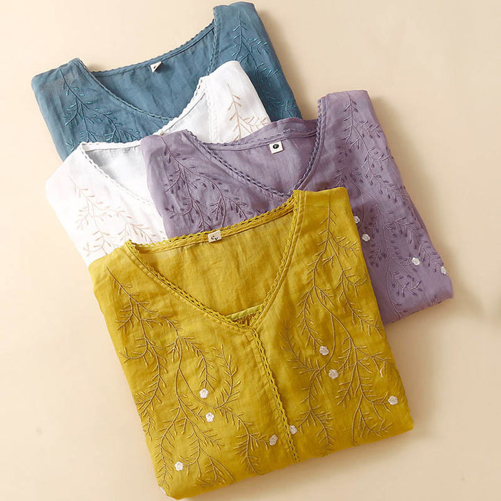 Buddha Stones Summer Casual Flower Branches Embroidered Pattern V-Neck Half Sleeve Cotton Linen Women's T-shirt