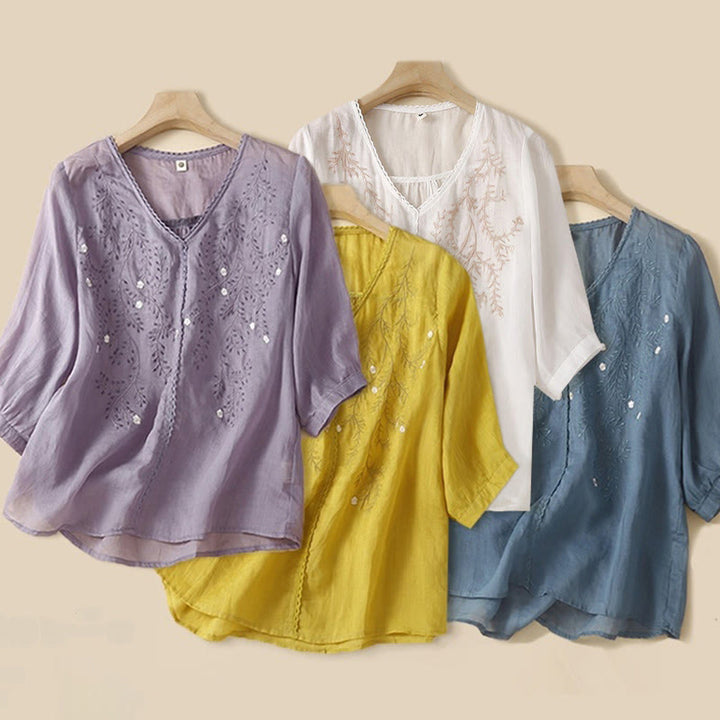 Buddha Stones Summer Casual Flower Branches Embroidered Pattern V-Neck Half Sleeve Cotton Linen Women's T-shirt