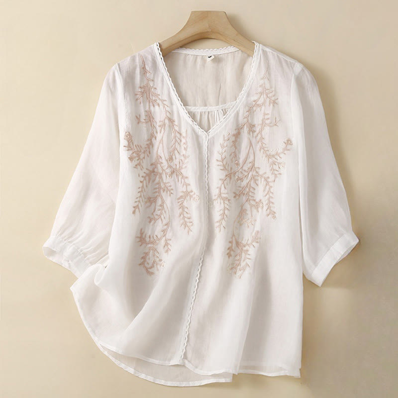 Buddha Stones Summer Casual Flower Branches Embroidered Pattern V-Neck Half Sleeve Cotton Linen Women's T-shirt