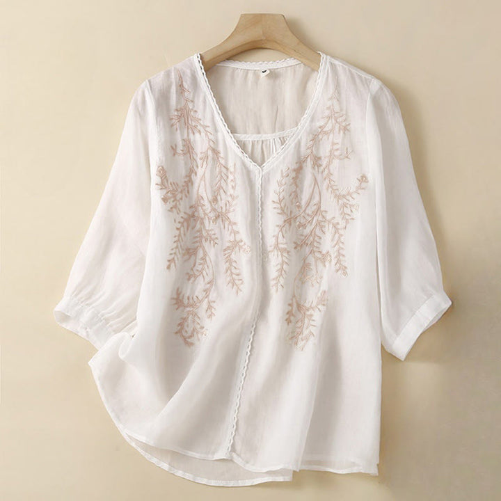 Buddha Stones Summer Casual Flower Branches Embroidered Pattern V-Neck Half Sleeve Cotton Linen Women's T-shirt