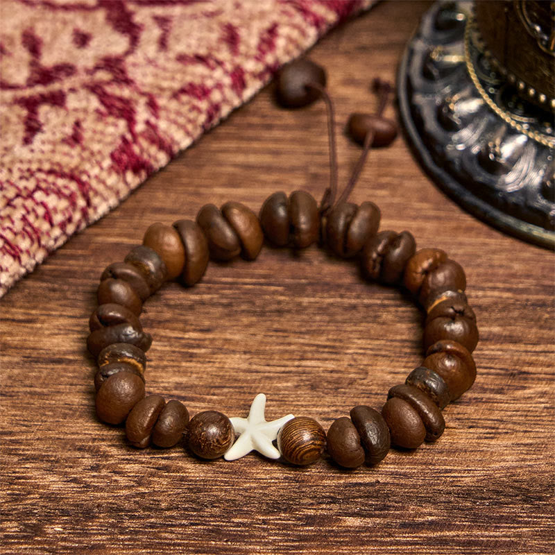Buddha Stones Handmade Natural Coffee Beans Wood Beads Starfish Bracelet - image 2