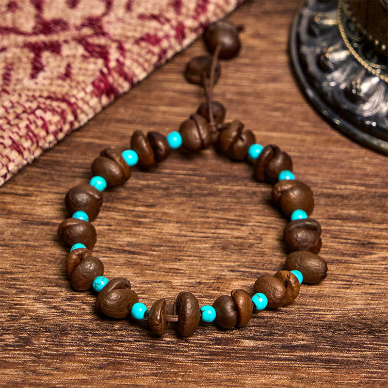 Buddha Stones Handmade Natural Coffee Beans Turquoise Beads Bracelet - image 2