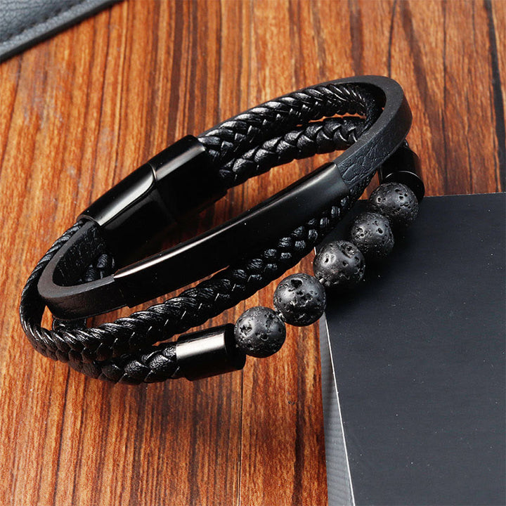 Buddha Stones Leather Titanium Steel Lava Rock Strengthen Buckle Bracelet - image 3