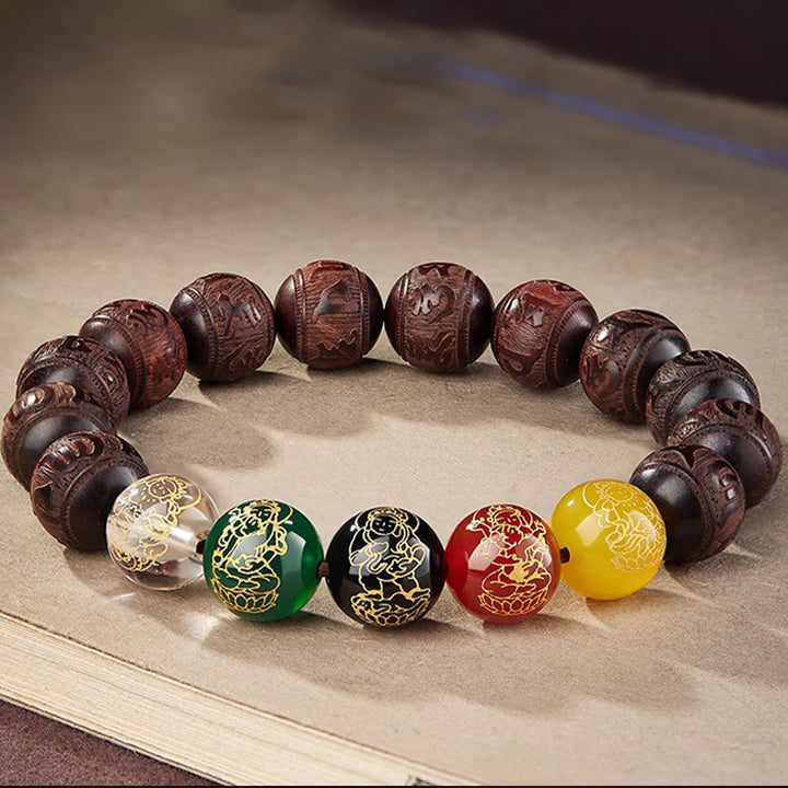 Buddha Stones Small Leaf Red Sandalwood Five Directions Gods of Wealth Calm Bracelet - 12mm - image 1