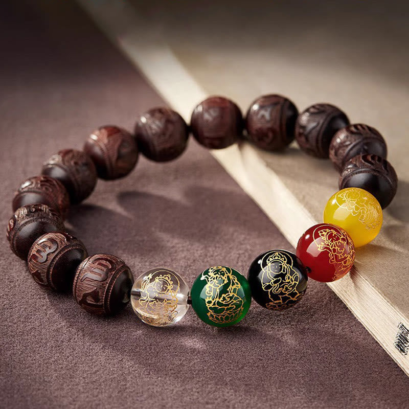 Buddha Stones Small Leaf Red Sandalwood Five Directions Gods of Wealth Calm Bracelet - image 5