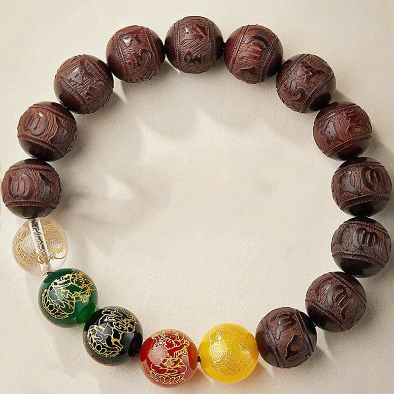 Buddha Stones Small Leaf Red Sandalwood Five Directions Gods of Wealth Calm Bracelet - 15mm - image 10