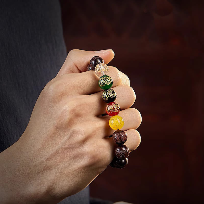 Buddha Stones Small Leaf Red Sandalwood Five Directions Gods of Wealth Calm Bracelet - image 13