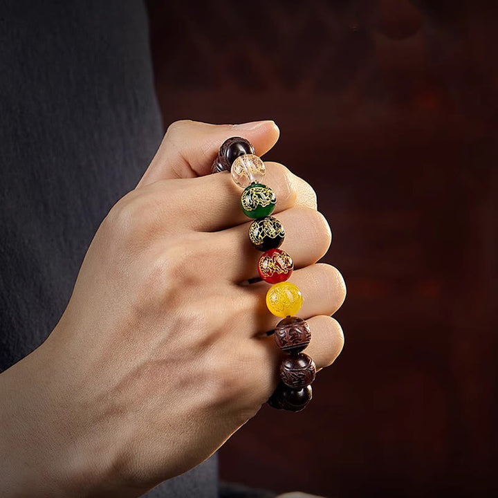 Buddha Stones Small Leaf Red Sandalwood Five Directions Gods of Wealth Calm Bracelet - image 13