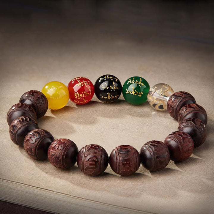 Buddha Stones Small Leaf Red Sandalwood Five Directions Gods of Wealth Calm Bracelet - image 2