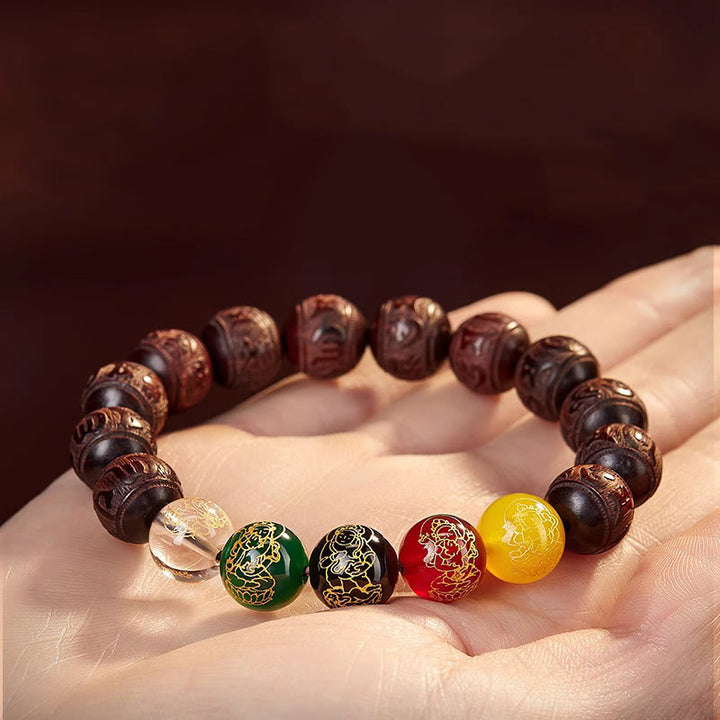 Buddha Stones Small Leaf Red Sandalwood Five Directions Gods of Wealth Calm Bracelet - image 3