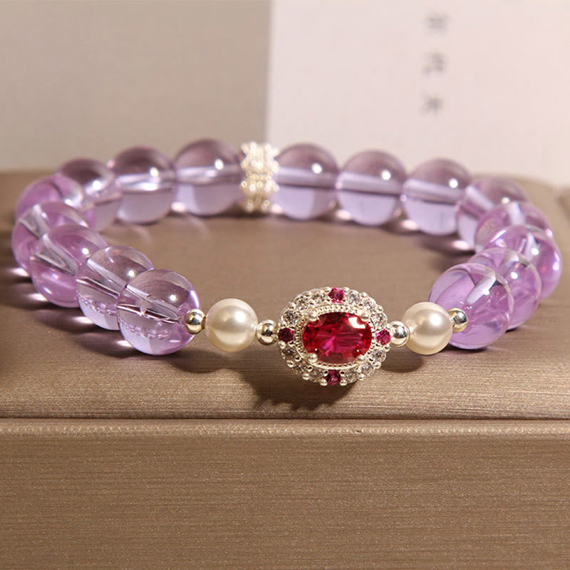 Buddha Stones Natural Amethyst Pearl Red Zircon Balance Bracelet - image 3