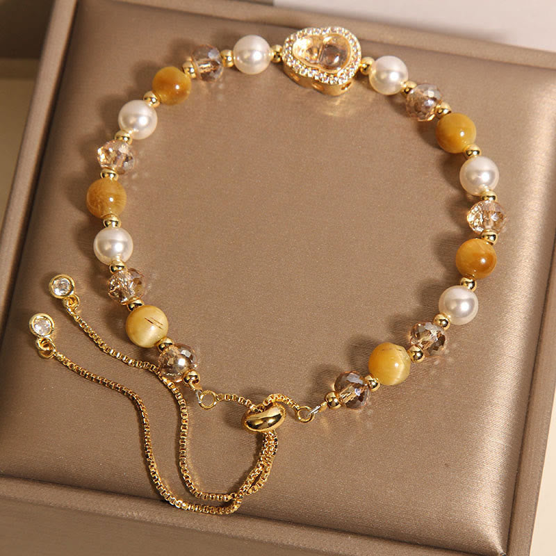Buddha Stones Yellow Cat's Eye Stone Pearl Gourd Prosperity Bracelet - image 4