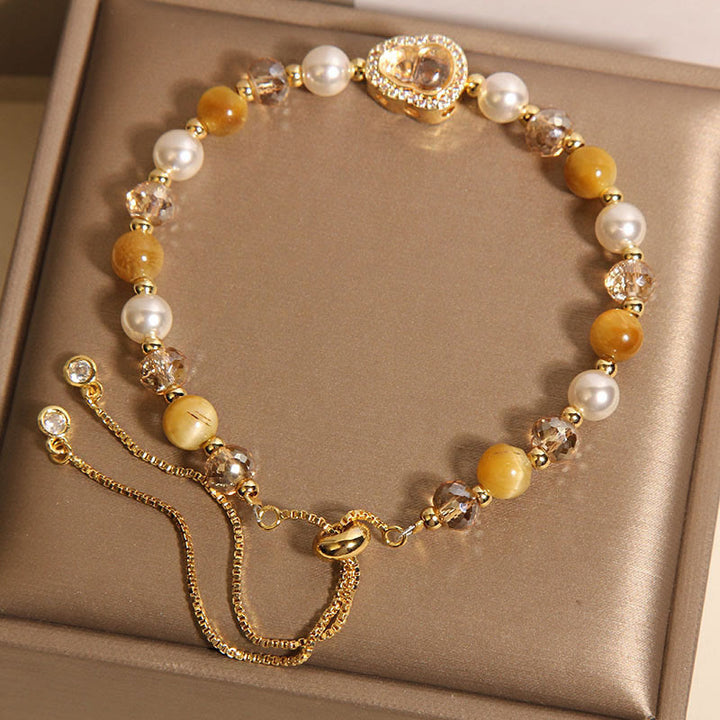 Buddha Stones Yellow Cat's Eye Stone Pearl Gourd Prosperity Bracelet - image 4
