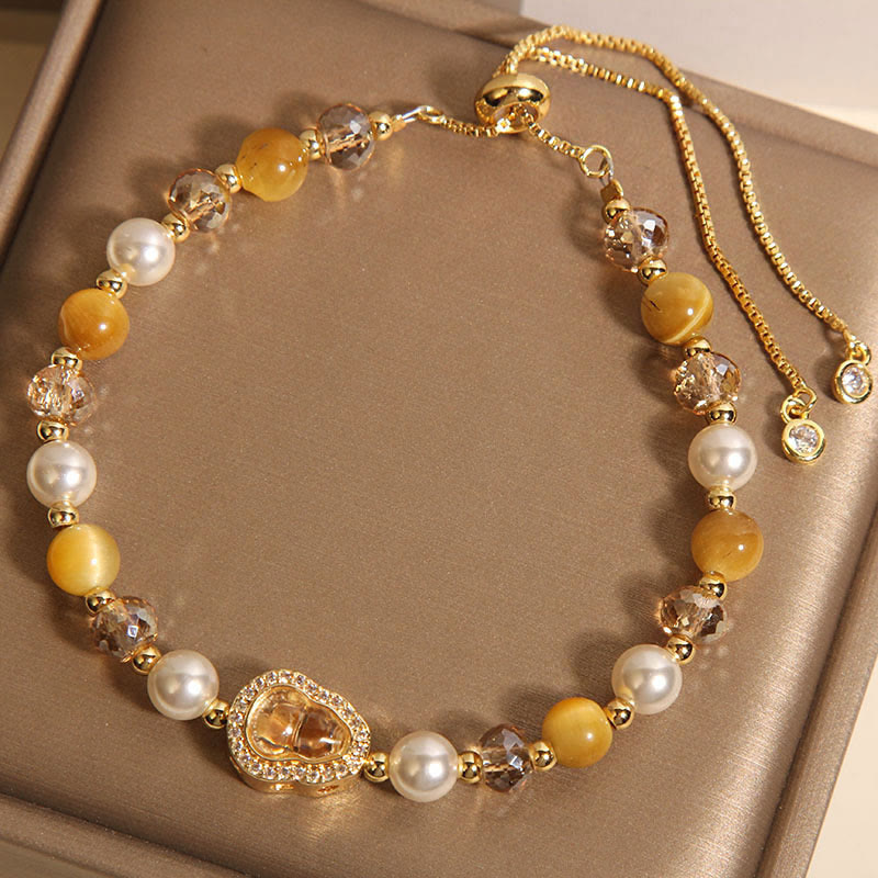 Buddha Stones Yellow Cat's Eye Stone Pearl Gourd Prosperity Bracelet - image 2