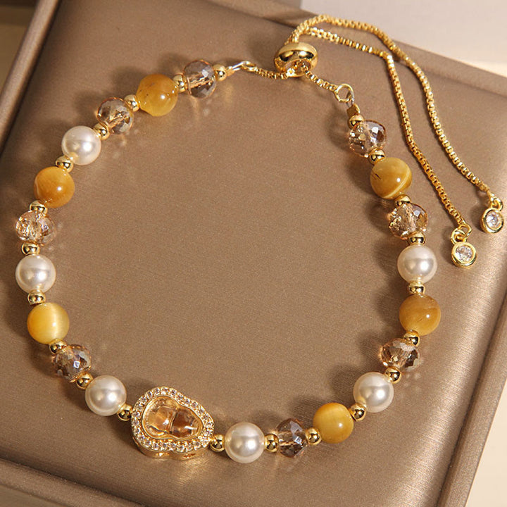 Buddha Stones Yellow Cat's Eye Stone Pearl Gourd Prosperity Bracelet - image 2