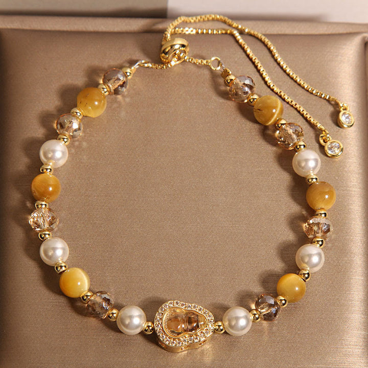 Buddha Stones Yellow Cat's Eye Stone Pearl Gourd Prosperity Bracelet - Yellow Cat's Eye & Pearl(Wrist Circumference: 14-18cm) - image 1
