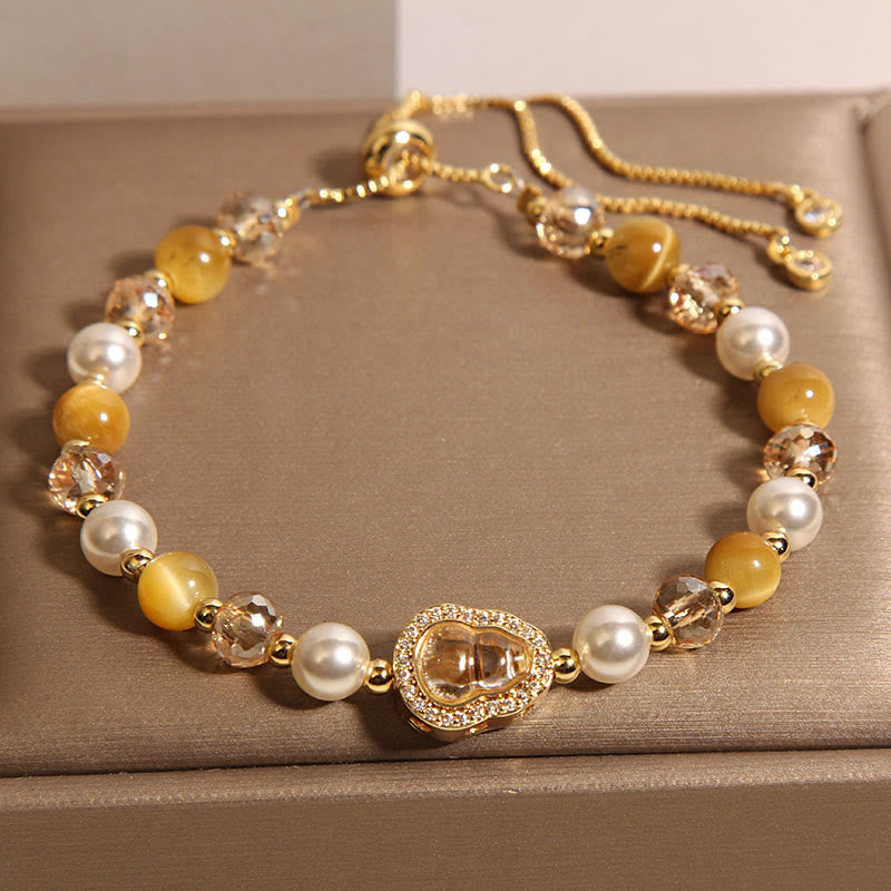 Buddha Stones Yellow Cat's Eye Stone Pearl Gourd Prosperity Bracelet - image 3