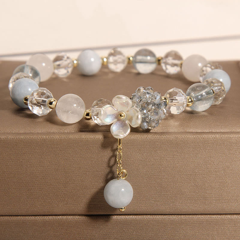 Buddha Stones Aquamarine Yellow Cat's Eye Stone Flower Peace Bracelet - Aquamarine(Wrist Circumference: 14-16cm) - image 1