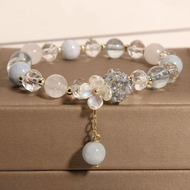 Buddha Stones Aquamarine Yellow Cat's Eye Stone Flower Peace Bracelet - Aquamarine(Wrist Circumference: 14-16cm) - image 1