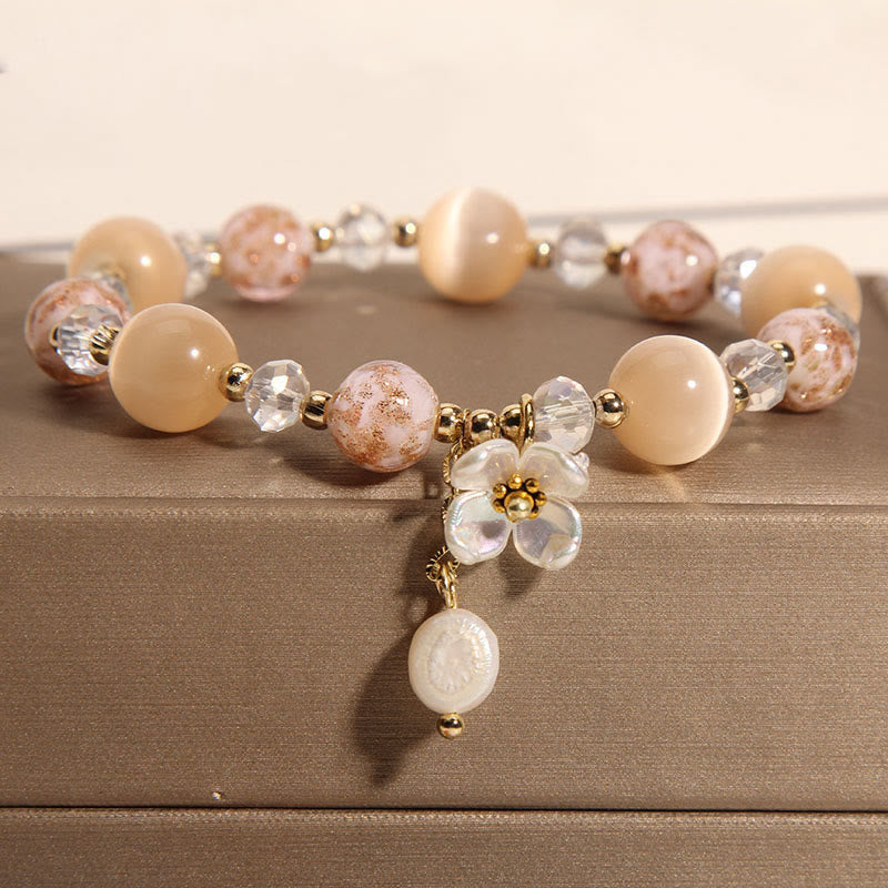 Buddha Stones Aquamarine Yellow Cat's Eye Stone Flower Peace Bracelet - Yellow Cat's Eye(Wrist Circumference: 14-16cm) - image 7